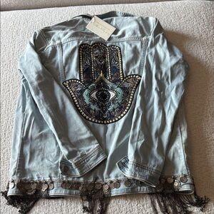Embroidered Light Blue Jean Jacket with Fringe